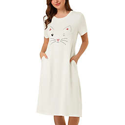 Allegra K Women's Short Sleeve Cute Printed Sleepwear Nightgowns Dress, White, XS