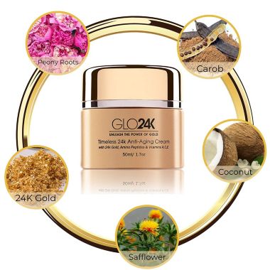 GLO24K Timeless Age-Defying Cream with 24k Gold, Retinol, Peptides, and Vitamins A,C,E Restore and Revive your Skin. View a larger version of this product image.