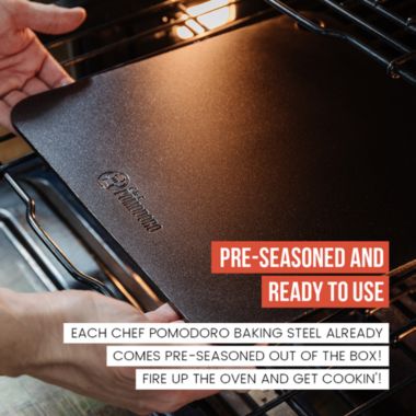 Chef Pomodoro Pizza Steel for Oven or BBQ Grill, Pre-seasoned Baking Steel, High Quality and Durable Carbon Steel, Compatible with Ooni Koda 12, Square, 13 x 13 x ¼ Inches (33.0 x 33.0 x 0.6 cm). View a larger version of this product image.