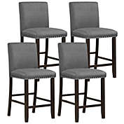 Gymax Set of 4 Bar Stools Linen Fabric Counter Height Chairs for Kitchen Island Grey