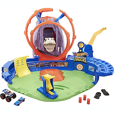Hot Wheels Monster Trucks T-Rex Volcano Arena Playset with Lights & Sounds, Includes 2 Launchers, 1 Monster Truck & 1 Car, Gift for Kids Ages 3 Years & Older. View a larger version of this product image.