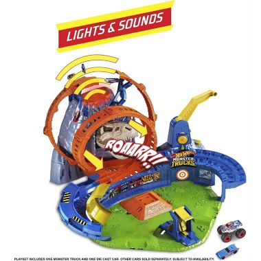 Hot Wheels Monster Trucks T-Rex Volcano Arena Playset with Lights & Sounds, Includes 2 Launchers, 1 Monster Truck & 1 Car, Gift for Kids Ages 3 Years & Older. View a larger version of this product image.