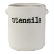 Urban Trends Collection Ceramic Round Utensil Jar with Side Handle and Printed Design Smooth Finish White