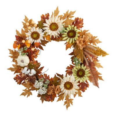 Nearly Natural 30"D Autumn Sunflower, White Pumpkin and Berries Artificial Fall Wreath