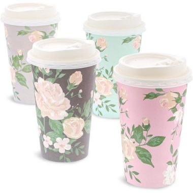 Blue Panda 48 Pack Disposable 16 oz To Go Paper Coffee Cups with Lids for Floral Party Supplies, Wedding Shower (4 Pastel Colors). View a larger version of this product image.