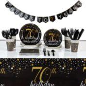 Blue Panda 170 Piece 70th Birthday Party Supplies, Black and Gold Dinnerware Set with Plates, Napkins, Cups, Cutlery, Tablecloth and Banner (Serves 24)