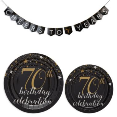 Blue Panda 170 Piece 70th Birthday Party Supplies, Black and Gold Dinnerware Set with Plates, Napkins, Cups, Cutlery, Tablecloth and Banner (Serves 24). View a larger version of this product image.