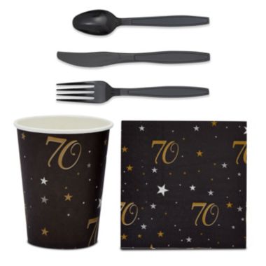 Blue Panda 170 Piece 70th Birthday Party Supplies, Black and Gold Dinnerware Set with Plates, Napkins, Cups, Cutlery, Tablecloth and Banner (Serves 24). View a larger version of this product image.