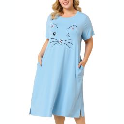 Agnes Orinda Women's Plus Size Nightgown Pajamas Pockets Soft Comfy Cute Cat Sleepwear Nightgowns, Leisure Rayon Sleep Dress Round Neck Slit Pocket Midi Nightdress with Cat Print, 1X Light Blue