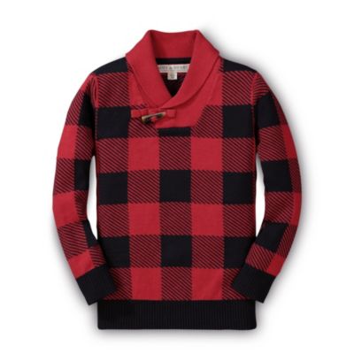 Hope & Henry Boys&#39; Long Sleeve Shawl Collar Sweater, Red Buffalo Check with Toggle, 3-6 Months