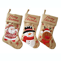 Lexi Home Large Christmas Holiday Stockings - Set of 3 Rustic Burlap Stockings with Embroidered Holiday Characters