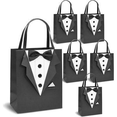 Sparkle and Bash Tuxedo Gift Bag Set for Wedding Groomsman, Bachelor Party Favors (Black, 6 Pack)