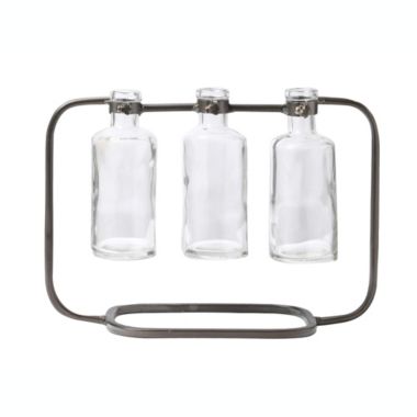 Urban Trends Collection Metal Clustered Hanging Bud Vase with 3 Short Glass Bottle Vases on Capsular Base Metallic Finish Gunmetal Gray. View a larger version of this product image.