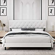 Homfa King Bed Frame, White Faux Leather Upholstered Button Tufted Low Profile Platform Bed Frame with Adjustable Headboard