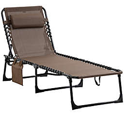 Outsunny Reclining Lounge Chair, Portable Sun Lounger, Folding Camping Cot, with Adjustable Backrest and Removable Pillow, for Patio, Garden, Beach, Brown