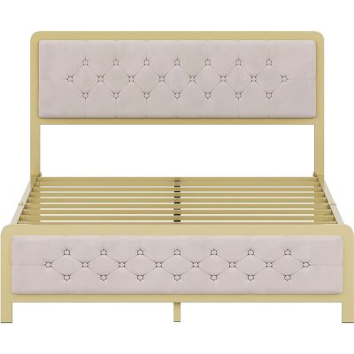 Idealhouse Beige Metal Frame Platform Bed with Button Tufted Headboard