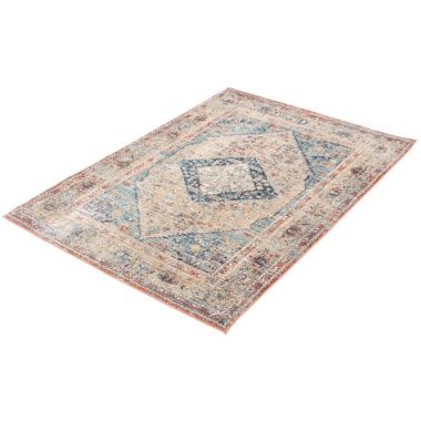 Chaudhary Living 6.5' x 8' Red and Blue Distressed Medallion Rectangular Area Throw Rug. View a larger version of this product image.