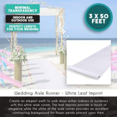 Blue Panda Leaf Print White Aisle Runner for Wedding Ceremony, Reception, Indoor and Outdoor Banquets (3 x 50 ft). View a larger version of this product image.