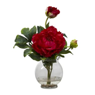 Nearly Natural Peony with Fluted Vase Silk Flower Arrangement, Red. View a larger version of this product image.