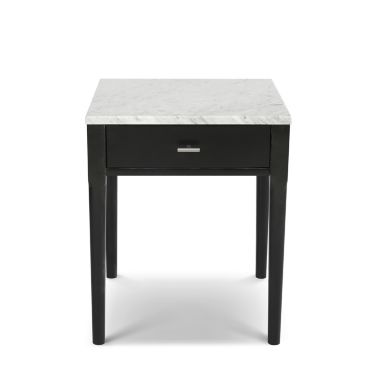 The Bianco Collection Alto 18" Square Italian Carrara White Marble Side Table with Black Legs. View a larger version of this product image.