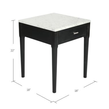 The Bianco Collection Alto 18" Square Italian Carrara White Marble Side Table with Black Legs. View a larger version of this product image.