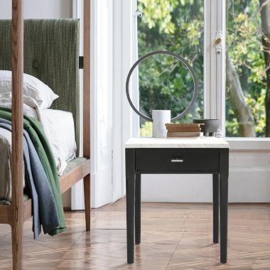 The Bianco Collection Alto 18" Square Italian Carrara White Marble Side Table with Black Legs. View a larger version of this product image.