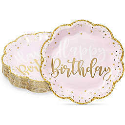 Sparkle and Bash Pink Happy Birthday Party Plates with Gold Glitter Edges (9 In, 48 Pack)