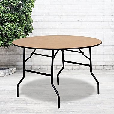Emma + Oliver 4-Foot Round Wood Folding Banquet Table with Clear Coated Finished Top. View a larger version of this product image.