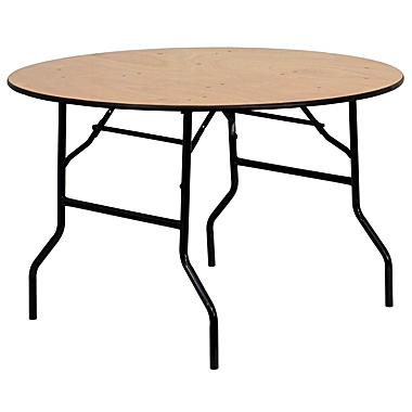 Emma + Oliver 4-Foot Round Wood Folding Banquet Table with Clear Coated Finished Top. View a larger version of this product image.