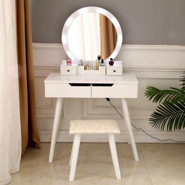 SalonMore Vanity Table Set with Lighted Mirror Round Makeup Vanity Table with 8 Light Bulbs. View a larger version of this product image.