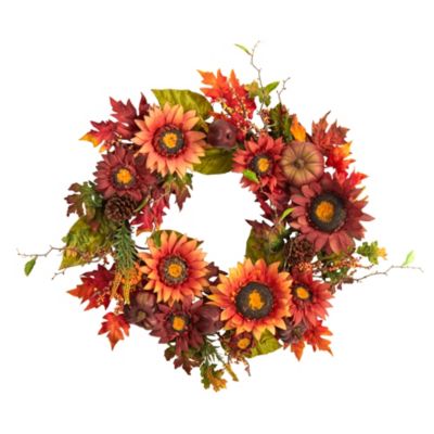 Nearly Natural 24"D Autumn Sunflower, Pumpkin, Pinecone and Berries Fall Artificial Wreath