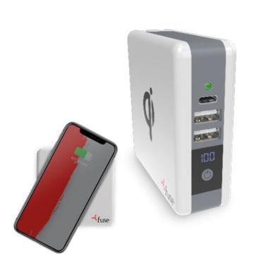 Fuse - 3 in 1 Qi Charger 5Watt / 6700mAh PowerBank / 3Port Wall Charger - 1 USB-C 3Amp, 2 USB-A 2.4Amps, Folding Prong White. View a larger version of this product image.