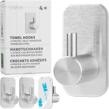 LIVAIA Self Adhesive Hooks For Hanging Towels Set Of 4 Stainless Steel Towel Holders. View a larger version of this product image.