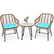 Costway 3 Pcs Patio Rattan Bistro Set with Cushion-Turquoise