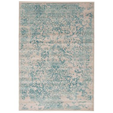 Chaudhary Living 5.25' x 7.5' Aqua Blue and Off White Damask Distressed Area Throw Rug. View a larger version of this product image.