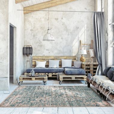 Chaudhary Living 5.25' x 7.5' Aqua Blue and Off White Damask Distressed Area Throw Rug. View a larger version of this product image.