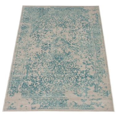 Chaudhary Living 5.25' x 7.5' Aqua Blue and Off White Damask Distressed Area Throw Rug. View a larger version of this product image.