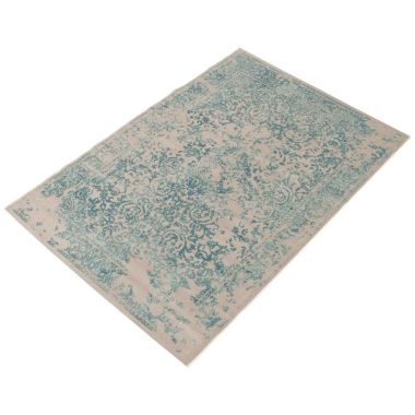 Chaudhary Living 5.25' x 7.5' Aqua Blue and Off White Damask Distressed Area Throw Rug. View a larger version of this product image.