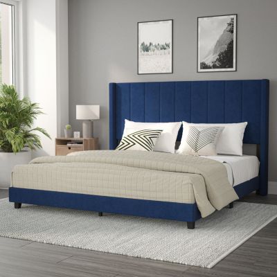 Flash Furniture Bianca King Upholstered Platform Bed with Vertical Stitched Wingback Headboard, Slatted Mattress Foundation, No Box Spring Needed, Navy Velvet