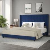 Flash Furniture Bianca King Upholstered Platform Bed with Vertical Stitched Wingback Headboard, Slatted Mattress Foundation, No Box Spring Needed, Navy Velvet