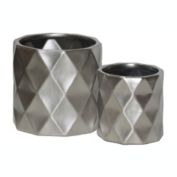 Urban Trends Collection Ceramic Round Pot with Wide Mouth and Embossed Diamond Design Body Set of Two Matte Finish Silver