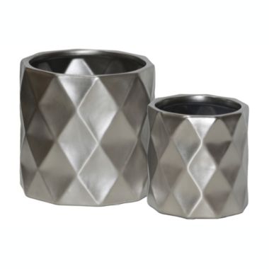 Urban Trends Collection Ceramic Round Pot with Wide Mouth and Embossed Diamond Design Body Set of Two Matte Finish Silver. View a larger version of this product image.