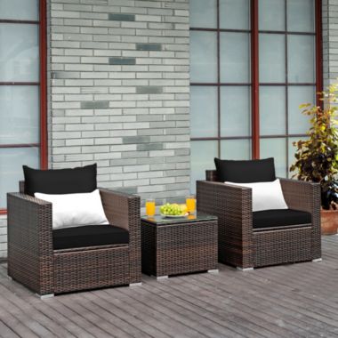 Gymax 3PCS Rattan Patio Outdoor Conversation Furniture Set w/ Black Cushions. View a larger version of this product image.