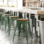 Flash Furniture Kai Commercial Grade 24" High Backless Green Metal Indoor-Outdoor Counter Height Stool with Teak Poly Resin Wood Seat