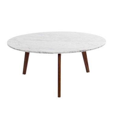 The Bianco Collection Stella 31" Round Italian Carrara White Marble Coffee Table with Walnut Legs. View a larger version of this product image.