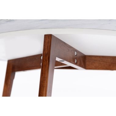 The Bianco Collection Stella 31" Round Italian Carrara White Marble Coffee Table with Walnut Legs. View a larger version of this product image.