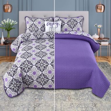 Lux Decor Collection Microfiber Down Alternative Designed 4 Piece Quilt Set (Queen, Purple Vidara). View a larger version of this product image.