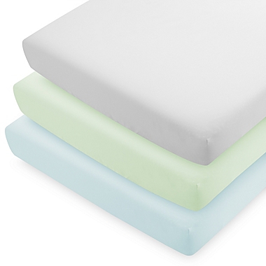 Bare Home Crib Microfiber Fitted Bottom Sheets (Crib - 3 Pack, Sky Blue/Spring Mint/Cloud Grey). View a larger version of this product image.