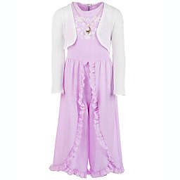Beautees Big Girl's 3 Pc Shrug Ruffled Jumpsuit & Necklace Set Purple Size 14