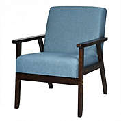 Costway Solid Rubber Wood Fabric Accent Armchair-Blue